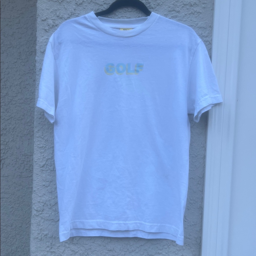 GOLF WANG White Short Sleeve T-shirt with Blue Yellow Logo Men's Size M